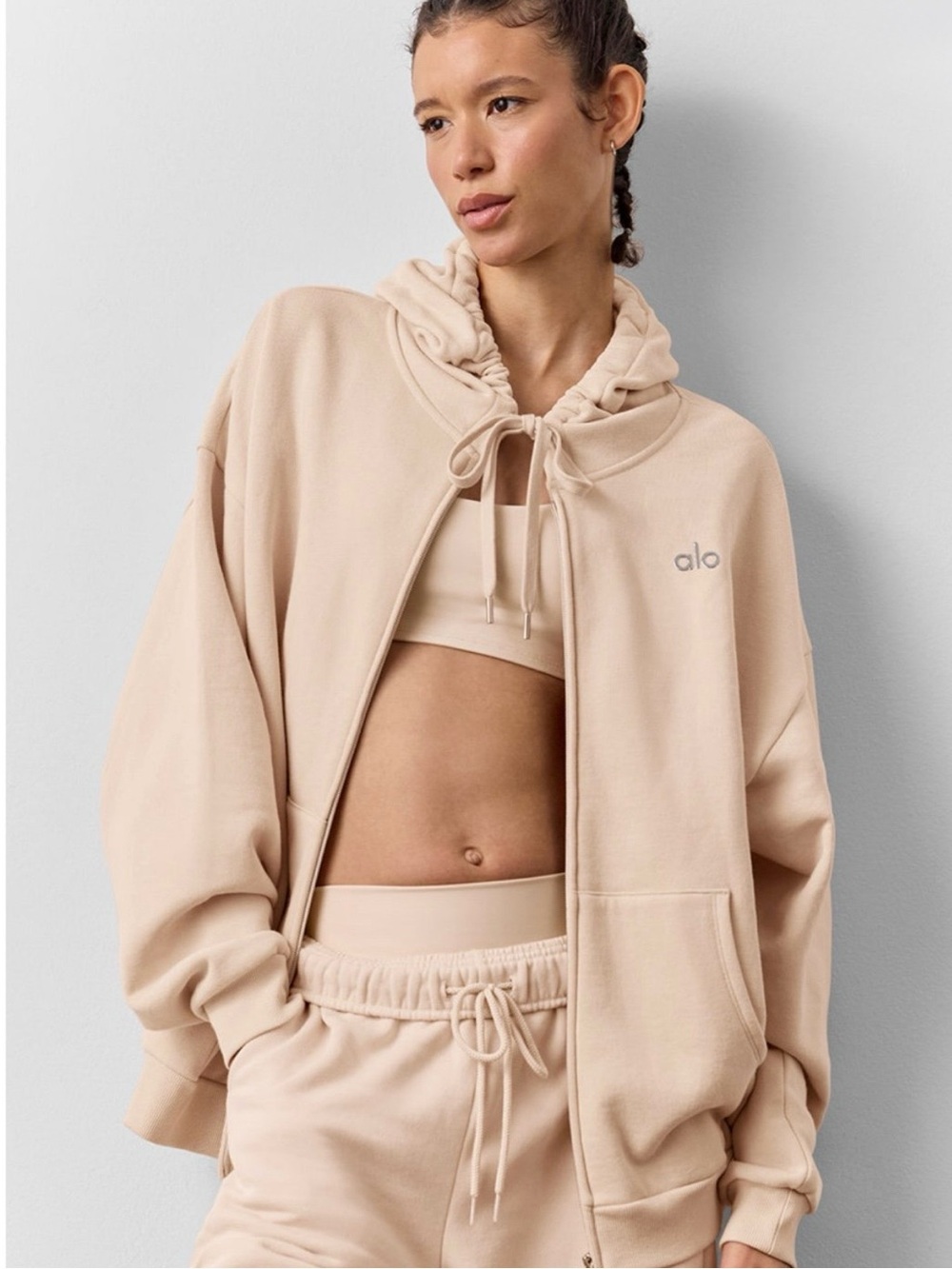 Alo Yoga Accolade Oversized French Terry Full Zip Hoodie | Macadamia | Medium